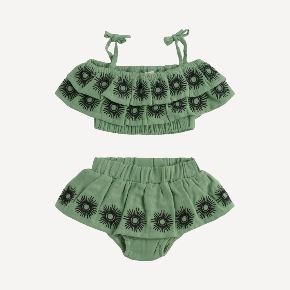 2-PIECE DOUBLE RUFFLE SUN EMBROIDERED SUNSUIT | MISTLETOE | ORGANIC COTTON GAUZE